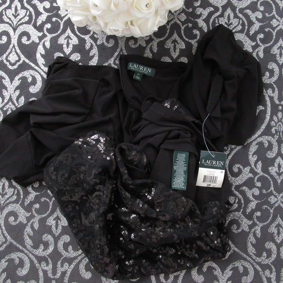 NWT Black Sequin Bell Sleeve Cocktail Midi Dress Size 2 Petite - Picture 7 of 8